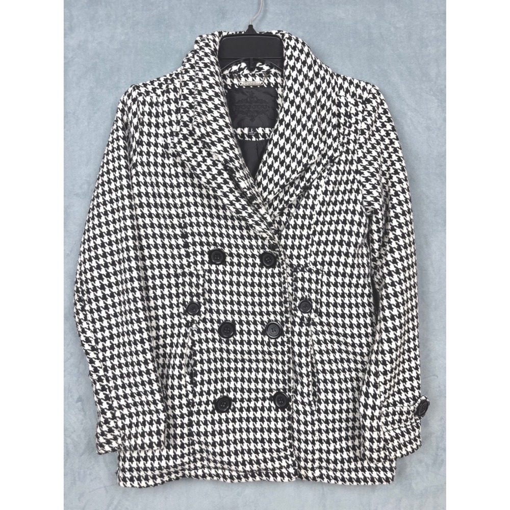 JouJou Womens Black White Houndstooth Double Breasted Peacoat Jacket Size Large